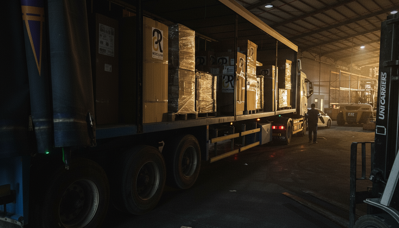 Dimly lit industrial warehouse showcasing Rooqain's readiness for high-volume UPS delivery | مستودع صناعي بإضاءة خافتة يُظهر جاهزية الروقين لتوريد كميات كبيرة من أنظمة الطاقة
